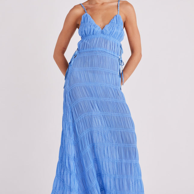 La Louisiane Sheer Cover Maxi Dress | Ruching & Drawstring Waist | Adjustable Side Cutouts | Bust Lined | Polyester Crepe Georgette