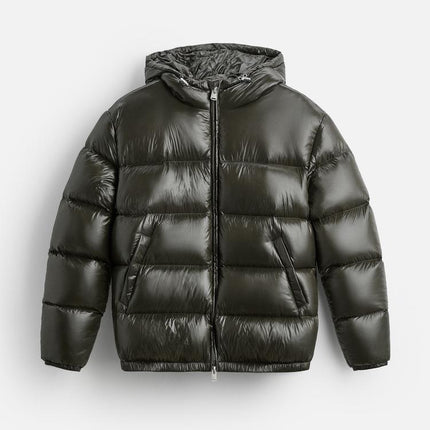 Essential Feather Down Puffer | Recycled Polyamide | Insulated Warmth | Adjustable Hood & High Collar | Practical Pockets | Elastic Hem & Cuffs | Shiny Technical Fabric | Men's Winter Outerwear