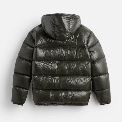 Essential Feather Down Puffer | Recycled Polyamide | Insulated Warmth | Adjustable Hood & High Collar | Practical Pockets | Elastic Hem & Cuffs | Shiny Technical Fabric | Men's Winter Outerwear