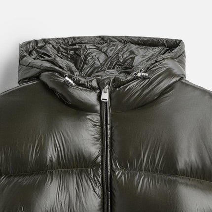 Essential Feather Down Puffer | Recycled Polyamide | Insulated Warmth | Adjustable Hood & High Collar | Practical Pockets | Elastic Hem & Cuffs | Shiny Technical Fabric | Men's Winter Outerwear