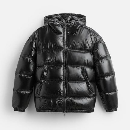 Essential Feather Down Puffer | Recycled Polyamide | Insulated Warmth | Adjustable Hood & High Collar | Practical Pockets | Elastic Hem & Cuffs | Shiny Technical Fabric | Men's Winter Outerwear
