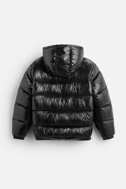 Essential Feather Down Puffer | Recycled Polyamide | Insulated Warmth | Adjustable Hood & High Collar | Practical Pockets | Elastic Hem & Cuffs | Shiny Technical Fabric | Men's Winter Outerwear