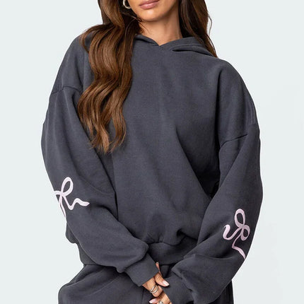 Women's Gray Oversized Tracksuit Set | Pink Bow Detail | Cotton Polyester Blend | Regular Fit | Casual Comfort | Stylish Homewear | Modern Cozy Lounge Wear