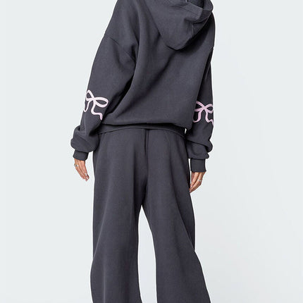 Women's Gray Oversized Tracksuit Set | Pink Bow Detail | Cotton Polyester Blend | Regular Fit | Casual Comfort | Stylish Homewear | Modern Cozy Lounge Wear