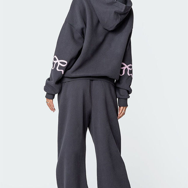 Women's Gray Oversized Tracksuit Set | Pink Bow Detail | Cotton Polyester Blend | Regular Fit | Casual Comfort | Stylish Homewear | Modern Cozy Lounge Wear
