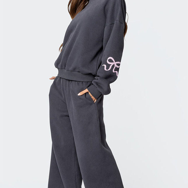 Women's Gray Oversized Tracksuit Set | Pink Bow Detail | Cotton Polyester Blend | Regular Fit | Casual Comfort | Stylish Homewear | Modern Cozy Lounge Wear