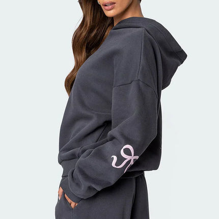 Women's Gray Oversized Tracksuit Set | Pink Bow Detail | Cotton Polyester Blend | Regular Fit | Casual Comfort | Stylish Homewear | Modern Cozy Lounge Wear