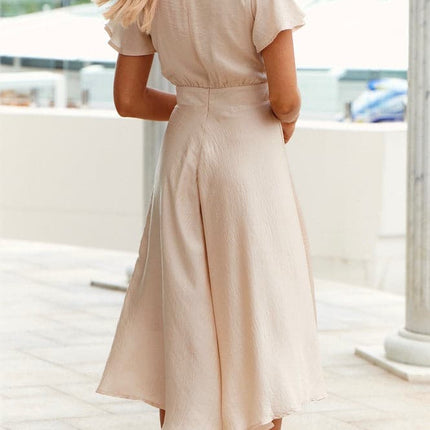 Women's High-Low Satin Dress | Sunny Daze | Champagne | Butterfly Sleeves | Fitted Waistband | Occasion Wear