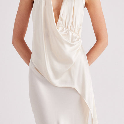 Satin Halter Top | Stone Beaded Neckline | Asymmetrical Draped Neck | Deep V-Back with Tie Fastenings | Unlined | Women's Fashion