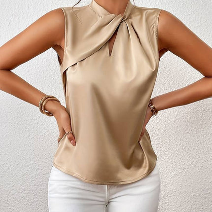 Women's Sleeveless Satin Top | Twisted Stand-Up Collar | Elegant Luxury Apparel | Chic Office & Evening Wear | Available in Multiple Colors