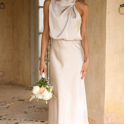 Elegant Esther Maxi Dress | High Neck Drape | Asymmetrical Shoulder | Champagne | Wedding Festivities | Invisible Zipper & Button | Elasticated Waist | 100% Polyester