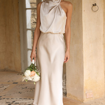 Elegant Esther Maxi Dress | High Neck Drape | Asymmetrical Shoulder | Champagne | Wedding Festivities | Invisible Zipper & Button | Elasticated Waist | 100% Polyester