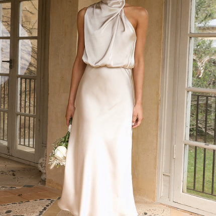 Elegant Esther Maxi Dress | High Neck Drape | Asymmetrical Shoulder | Champagne | Wedding Festivities | Invisible Zipper & Button | Elasticated Waist | 100% Polyester