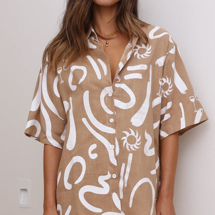 Women's Casual Button Up Shirt and Shorts Set | 100% Cotton | Tan/White | Short Sleeves | Collared Top | High Waisted Elastic Shorts | Tie Waist | Lined | Sizes XS-XXXL