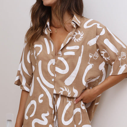 Women's Casual Button Up Shirt and Shorts Set | 100% Cotton | Tan/White | Short Sleeves | Collared Top | High Waisted Elastic Shorts | Tie Waist | Lined | Sizes XS-XXXL