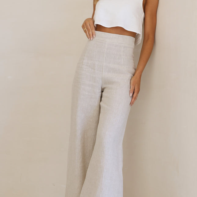 High Waisted Wide Leg Pants | Full Length Oatmeal Linen Trousers | Invisible Back Zipper | Functional Back Pockets | Sizes 6-16