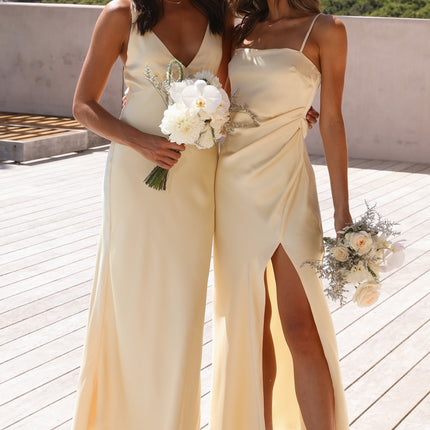 Ziah | Yellow Maxi Dress | Deep V-Neckline | Thin Elastic Straps | Silky Feel | Billy J Exclusive | Invisible Side Zipper | Lined | Perfect for Formal Events | Style with Nude Heels and Gold Accessories | 100% Polyester