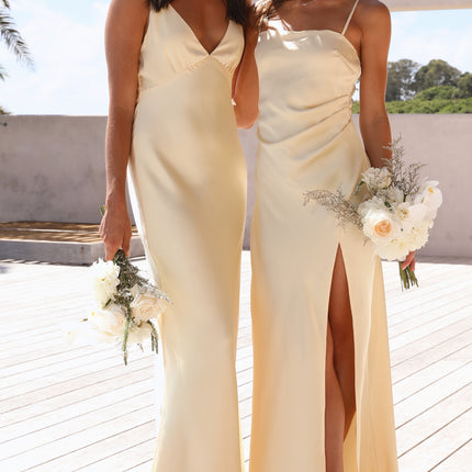 Ziah | Yellow Maxi Dress | Deep V-Neckline | Thin Elastic Straps | Silky Feel | Billy J Exclusive | Invisible Side Zipper | Lined | Perfect for Formal Events | Style with Nude Heels and Gold Accessories | 100% Polyester