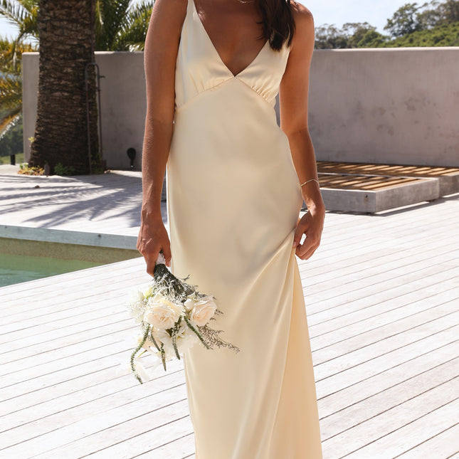 Ziah | Yellow Maxi Dress | Deep V-Neckline | Thin Elastic Straps | Silky Feel | Billy J Exclusive | Invisible Side Zipper | Lined | Perfect for Formal Events | Style with Nude Heels and Gold Accessories | 100% Polyester