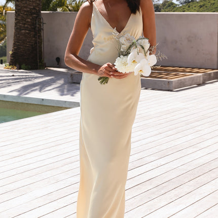 Ziah | Yellow Maxi Dress | Deep V-Neckline | Thin Elastic Straps | Silky Feel | Billy J Exclusive | Invisible Side Zipper | Lined | Perfect for Formal Events | Style with Nude Heels and Gold Accessories | 100% Polyester