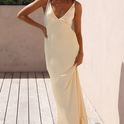 Ziah | Yellow Maxi Dress | Deep V-Neckline | Thin Elastic Straps | Silky Feel | Billy J Exclusive | Invisible Side Zipper | Lined | Perfect for Formal Events | Style with Nude Heels and Gold Accessories | 100% Polyester