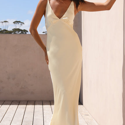 Ziah | Yellow Maxi Dress | Deep V-Neckline | Thin Elastic Straps | Silky Feel | Billy J Exclusive | Invisible Side Zipper | Lined | Perfect for Formal Events | Style with Nude Heels and Gold Accessories | 100% Polyester