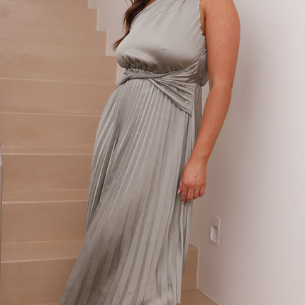 Cali | One Shoulder Midi | Dress | Olive | Twist Waist | Pleated Asymmetrical Hem | Flattering | Elastic Waist | Polyester | Unlined | Versatile for Parties or Maternity | Elegant and Comfortable