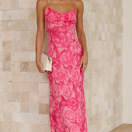 Pink Floral Midi Dress | Adjustable Straps | Open Back with Twisted Strap | Soft Padded Bust | Gathered Detailing | 100% Polyester