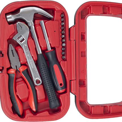 15-Piece Hand Tool Kit | Durable Metal Construction | Compact Plastic Carrying Case | 7oz Hammer | 6" Adjustable Wrench | Pliers | Screwdriver Set | Perfect for DIY Projects & Home Maintenance | Red