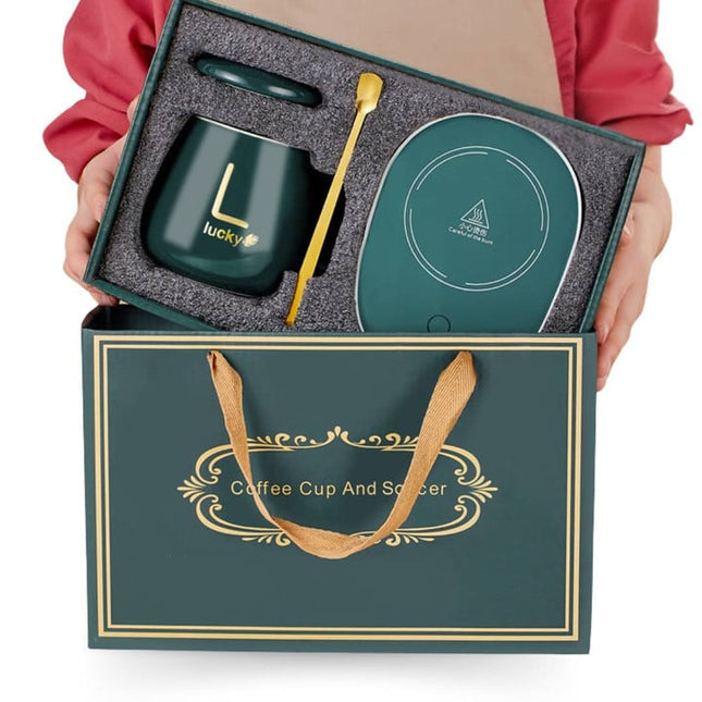 LUX Self-Heating Ceramic Mug Gift Set | Smart USB Electric Coffee Warmer | Adjustable Temperature Control | For Home and Office | Gift-Boxed Set with Gold Spoon | 350ml Capacity | Noustia