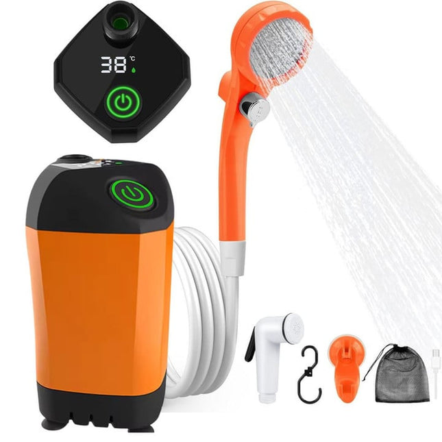 Portable Electric Shower | Outdoor Waterproof Design | Digital Temperature Display | 3 Water Modes | Built-in Rechargeable Battery | Compact Travel Size | For Camping, Hiking, & Travel | By Noustia
