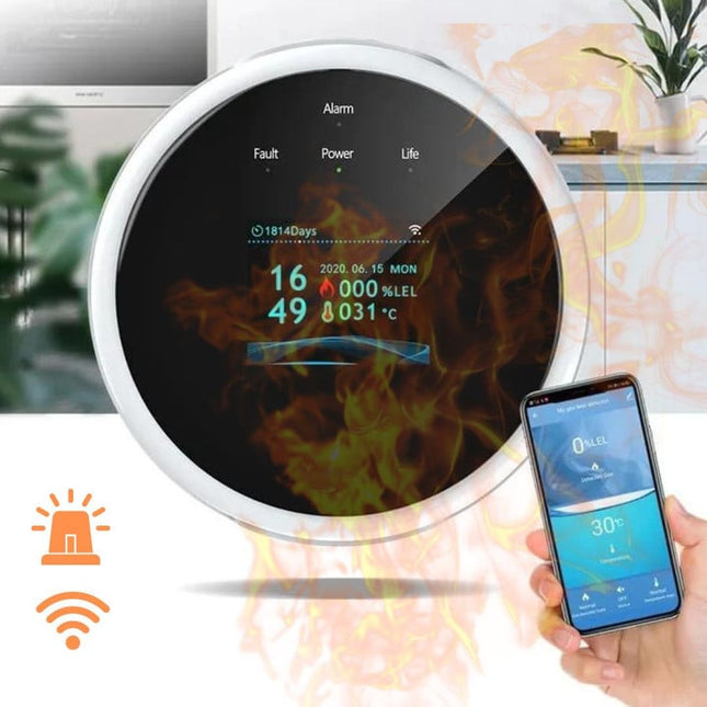 Combustible Gas Detector Alarm | LCD Display | Mobile App Alerts | Real-Time Gas Readings | Methane, Butane, Propane Detection | Clock & Temp Display | Sleek Design | Easy Install | Home Guardian - Noustia