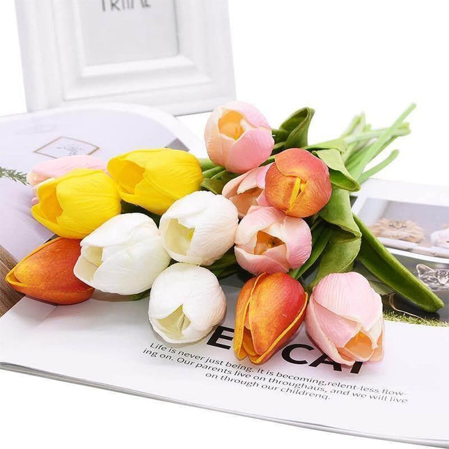 10-Piece Lifelike Faux Tulips | High-Quality PU | 16-Inch Long | Variety of Colors | Customizable Bouquet | Home Decor Accent | Vibrant and Fresh-Looking | Suitable for Tables, Shelves, Desks | 3.5cm Diameter