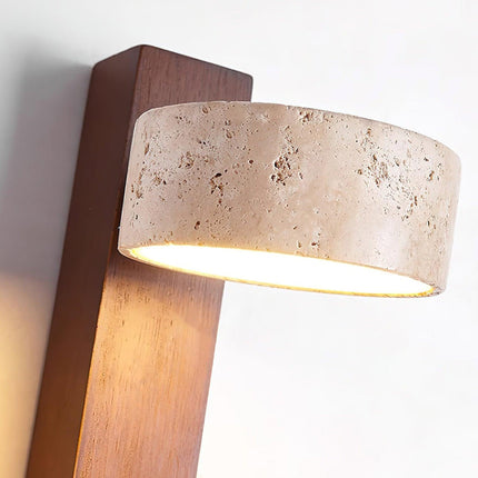 LumenAisle Wall Lamp | Natural Travertine and Wood | Japanese Wabi-Sabi Design | Minimalist LED Lighting | Easy Installation | Warm White Light | Perfect for Bedrooms, Living Rooms, Hallways