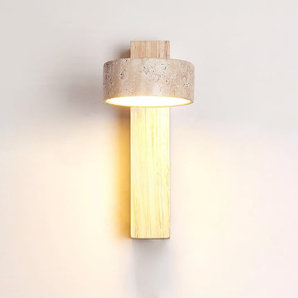 LumenAisle Wall Lamp | Natural Travertine and Wood | Japanese Wabi-Sabi Design | Minimalist LED Lighting | Easy Installation | Warm White Light | Perfect for Bedrooms, Living Rooms, Hallways