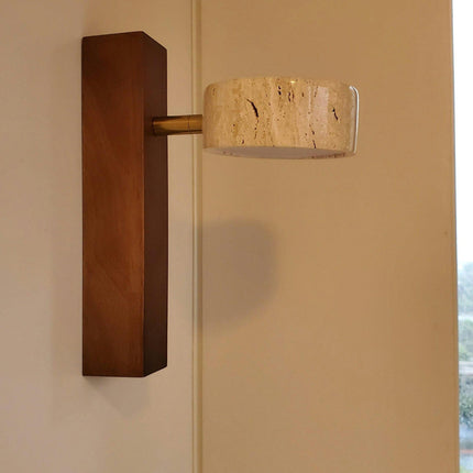 LumenAisle Wall Lamp | Natural Travertine and Wood | Japanese Wabi-Sabi Design | Minimalist LED Lighting | Easy Installation | Warm White Light | Perfect for Bedrooms, Living Rooms, Hallways