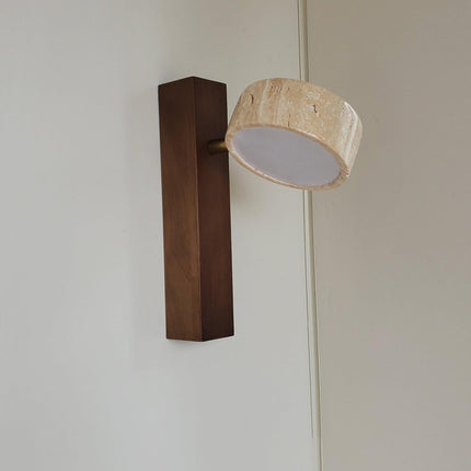 LumenAisle Wall Lamp | Natural Travertine and Wood | Japanese Wabi-Sabi Design | Minimalist LED Lighting | Easy Installation | Warm White Light | Perfect for Bedrooms, Living Rooms, Hallways