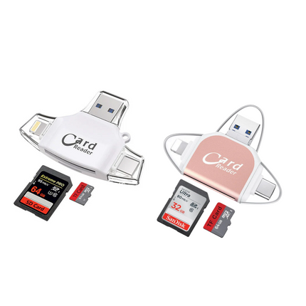 4-in-1 Universal Memory Card Reader | USB/USB C/Micro USB/Lightning Ports | SD TF Card Compatibility | Supports Up to 400GB | Compact Design with Keychain