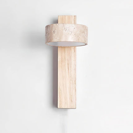 LumenAisle Wall Lamp | Natural Travertine and Wood | Japanese Wabi-Sabi Design | Minimalist LED Lighting | Easy Installation | Warm White Light | Perfect for Bedrooms, Living Rooms, Hallways
