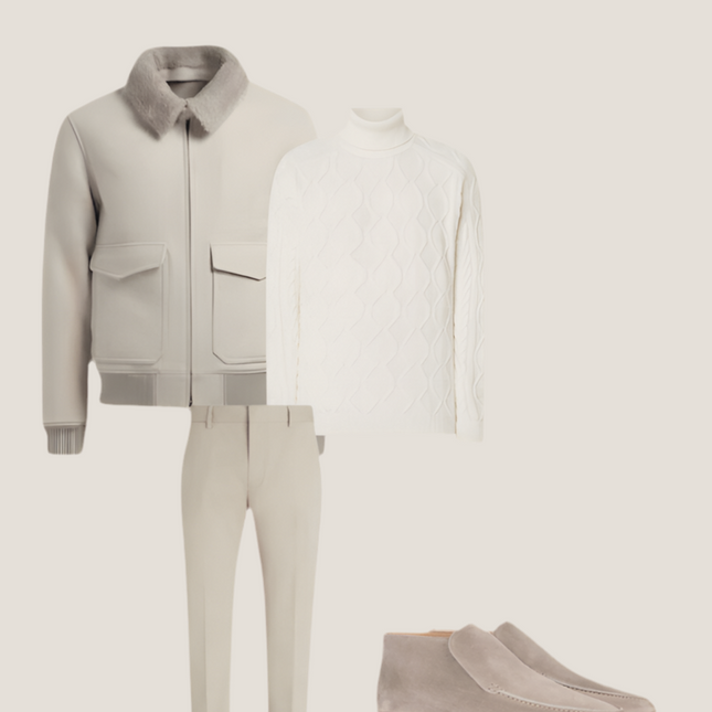 Stylish Winter Ensemble for Men | Luxurious Suede Outerwear | Merino Wool Sweater | Slim-Cut Trousers | High Suede Loafers | Essential Beige/White | Puento Fortade - TP 33