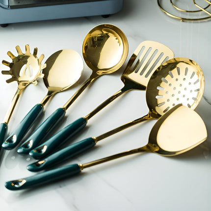 Golden Stainless Steel Cooking Utensil Set | Ergonomic Rust-Resistant Kitchen Tools | Includes Spatula, Frying Spatula, Cooking Spoon, Colander, Noodle Server, Scraping Spoon, Storage Rack | Dishwasher Safe