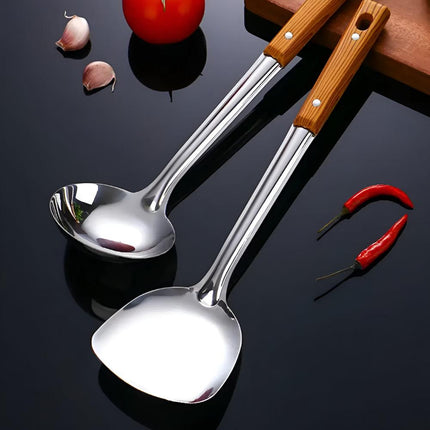 Wood-Grip Stainless Steel Cooking Utensil Set | 5 Sets | Premium Bakelite Handles | Heat-Resistant | Easy-to-Clean | Elegant Design | Includes Hanging Holes | Durable & Stylish | Home & Kitchen Essentials
