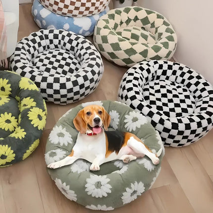 Plush Cozy Round Bed | Calming Donut Design | Anti-Slip Base | Sherpa Fabric | Ideal for Small Dogs & Cats | Supports Head & Neck | Washable Cover | 20"x20" | Perfect Pet Retreat | Up to 15 lbs