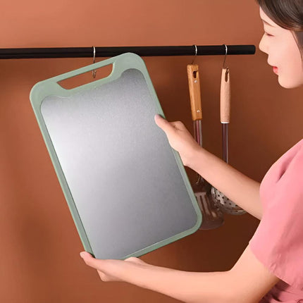 Dual-Side Stainless Steel Cutting Board | Eco-Friendly Rice Husk | Built-In Garlic Grinder | Scratch & Odor Resistant | Juice Groove | Kitchen Essential | Easy-Clean Surface | Safe Food Prep