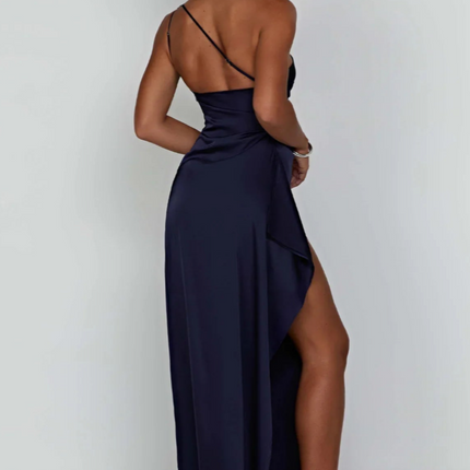 Eva | Pleated Satin Maxi Dress | One Shoulder Elegant Slit Gown for Chic Events