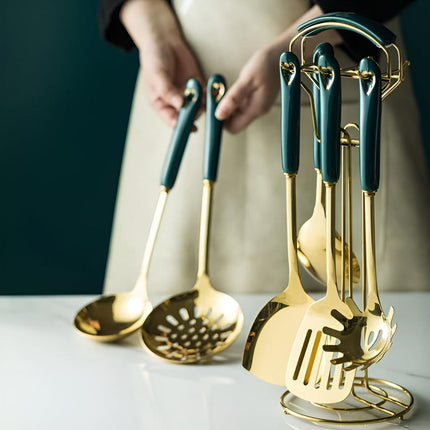 Golden Stainless Steel Cooking Utensil Set | Ergonomic Rust-Resistant Kitchen Tools | Includes Spatula, Frying Spatula, Cooking Spoon, Colander, Noodle Server, Scraping Spoon, Storage Rack | Dishwasher Safe