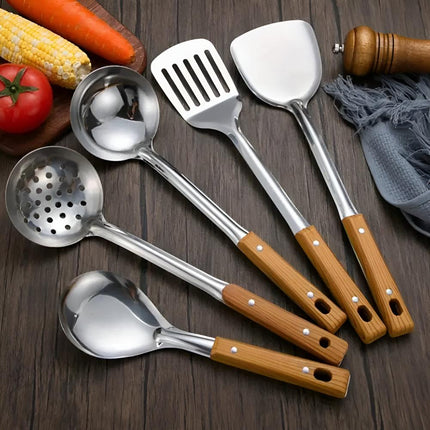 Wood-Grip Stainless Steel Cooking Utensil Set | 5 Sets | Premium Bakelite Handles | Heat-Resistant | Easy-to-Clean | Elegant Design | Includes Hanging Holes | Durable & Stylish | Home & Kitchen Essentials