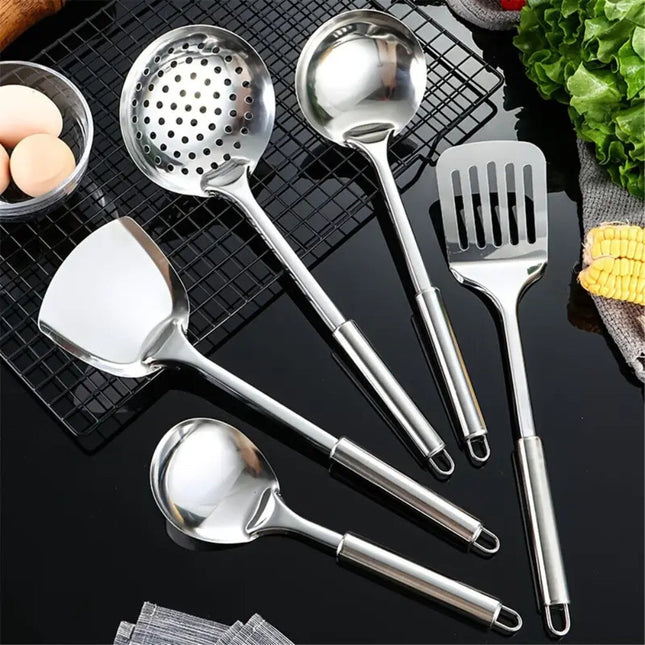 Stainless Steel Kitchen Utensils Set | 5 Pieces | Professional Grade | Ergonomic Handles | Includes Spatula, Ladle, Skimmer | Durable, Rust-Resistant & Heatproof | Dishwasher Safe | Home & Restaurant Use