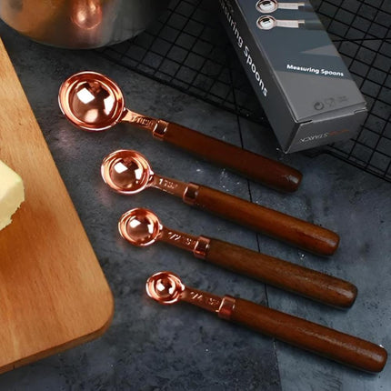 Copper-Plated Stainless Steel Measuring Cups and Spoons Set | Walnut Handle | Engraved Markings | Non-Slip Grip | Perfect for Baking and Cooking | Set of 8 | Ideal as Gift for Kitchen Enthusiasts