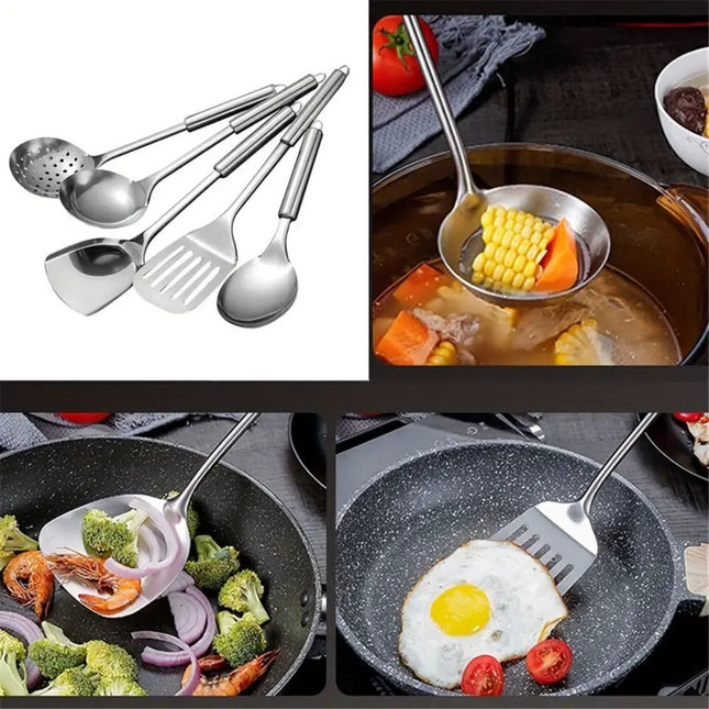 Stainless Steel Kitchen Utensils Set | 5 Pieces | Professional Grade | Ergonomic Handles | Includes Spatula, Ladle, Skimmer | Durable, Rust-Resistant & Heatproof | Dishwasher Safe | Home & Restaurant Use
